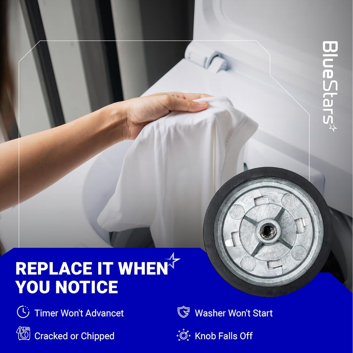 3362624 Washer Timer Knobs shown beside a washing machine with laundry and replacement symptom callouts