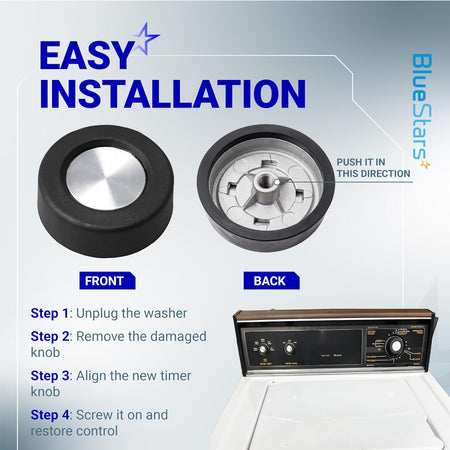 3362624 Washer Timer Knobs, front and back views with easy installation steps on a washer control panel