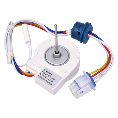 GE refrigerator evaporator fan motor replacement with wiring harness and connector plug.