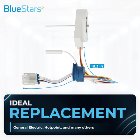 WR60X10074 evaporator fan motor for GE and Hotpoint refrigerators showing 18.3-inch wire harness and connector.