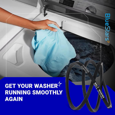 21352320 Washer Drive Belt promotional graphic showing replacement belts beside a washer being loaded with clothes