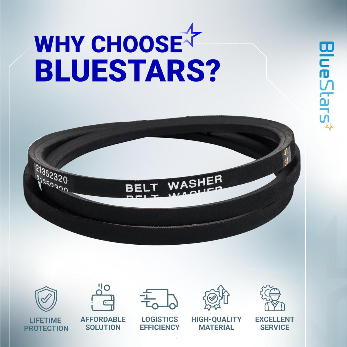 21352320 Washer drive belt shown coiled in a BlueStars promotional graphic