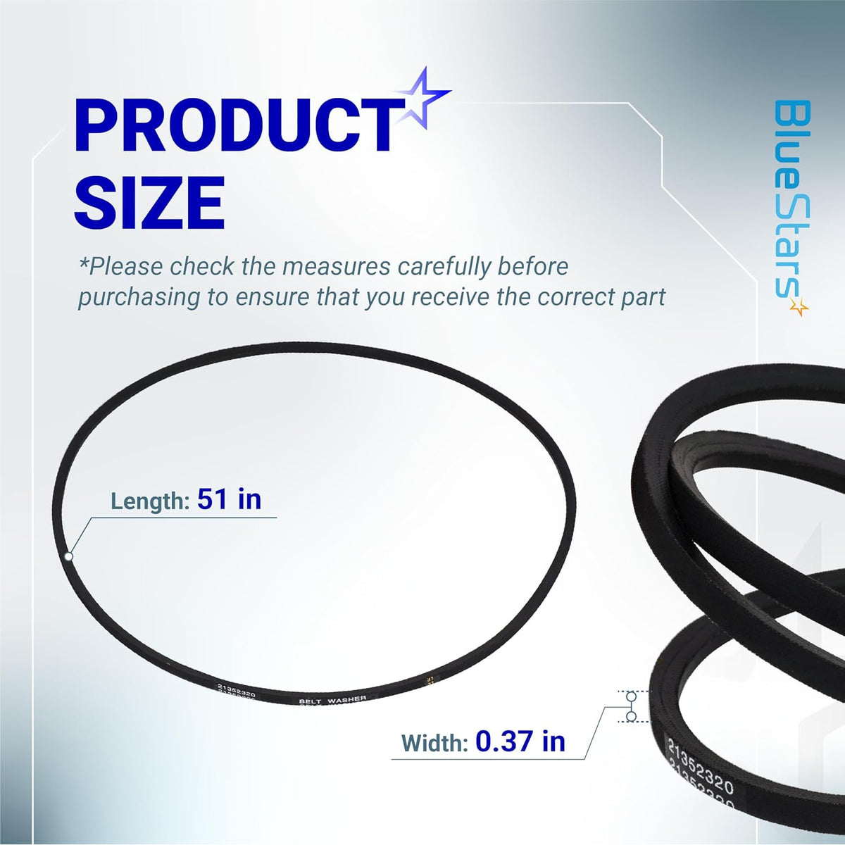 21352320 washer drive belt showing product size diagram with 51 in length and 0.37 in width