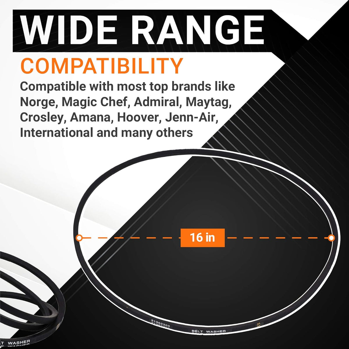 Infographic showing 21352320 washer drive belt compatibility and 16-inch diameter measurement.