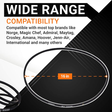 Infographic showing 21352320 washer drive belt compatibility and 16-inch diameter measurement.