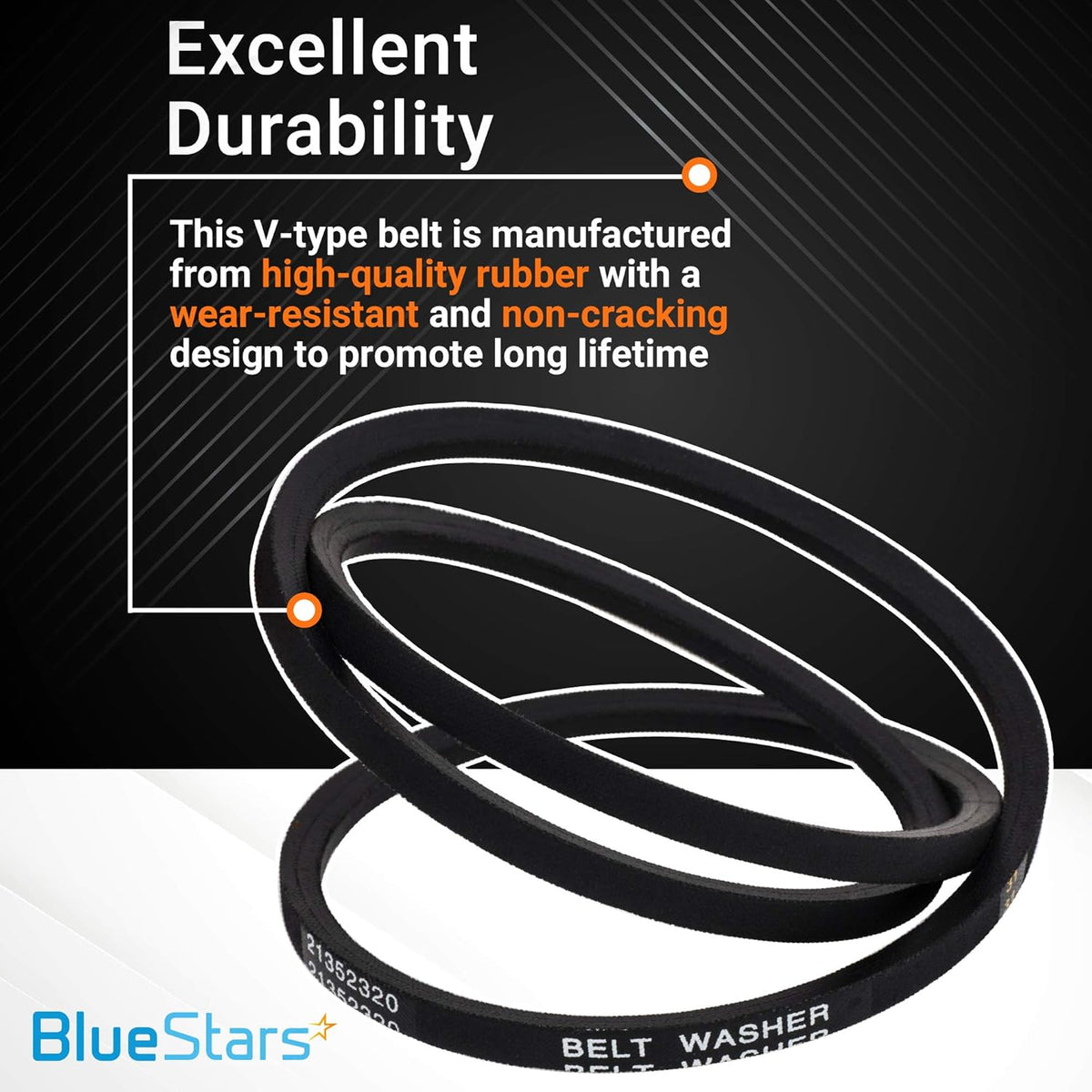 Durable rubber V-type washer drive belt replacement for Whirlpool and Maytag washers.