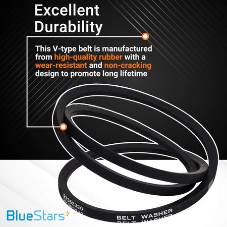 Durable rubber V-type washer drive belt replacement for Whirlpool and Maytag washers.
