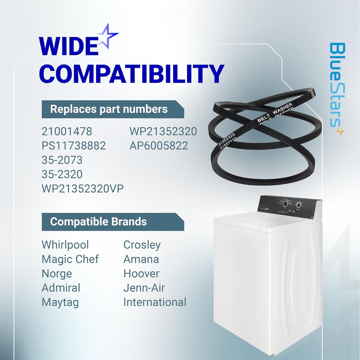 21352320 Washer Drive Belt graphic showing replacement part numbers and compatible washer brands