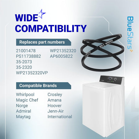 21352320 Washer Drive Belt graphic showing replacement part numbers and compatible washer brands