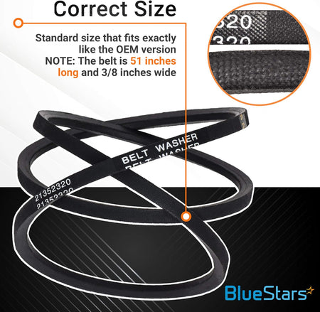 51-1/8 inch washer drive belt replacement with size specifications and close-up detail for Whirlpool and Maytag washers.