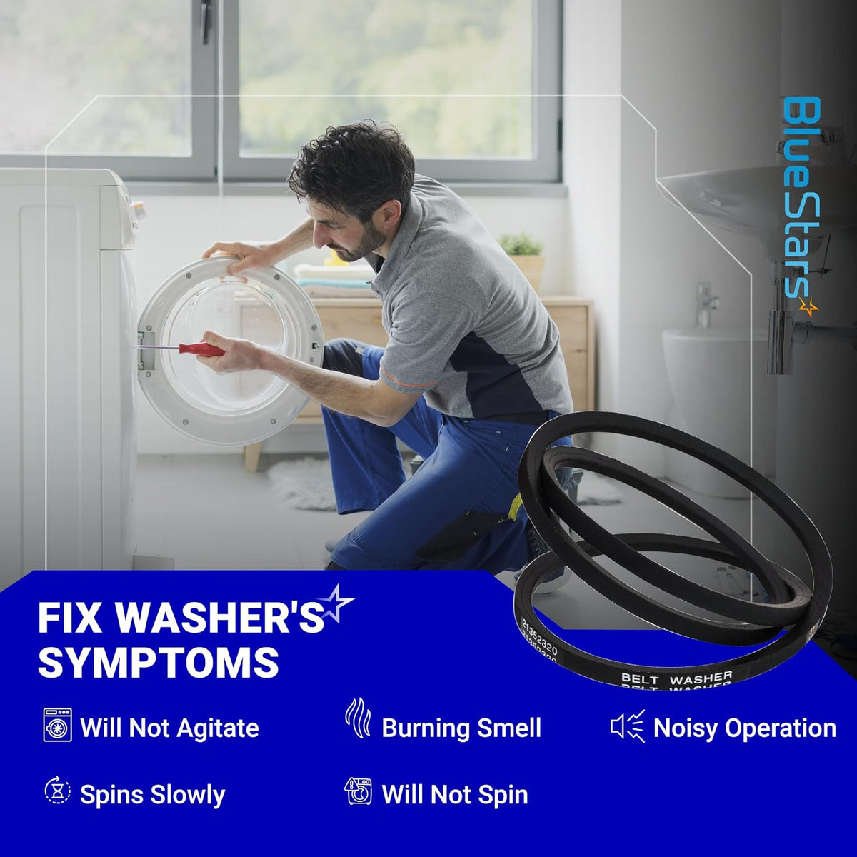 21352320 51-1/8" Washer Drive Belt shown beside a technician servicing a washer with symptom list