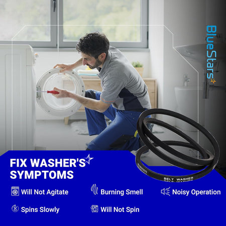 21352320 51-1/8" Washer Drive Belt shown beside a technician servicing a washer with symptom list