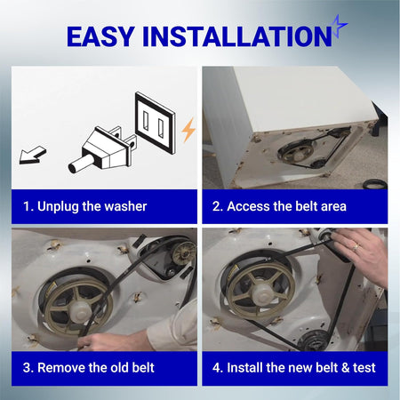 21352320 Washer Drive Belt installation guide showing steps to unplug, access, remove old belt, and install new belt