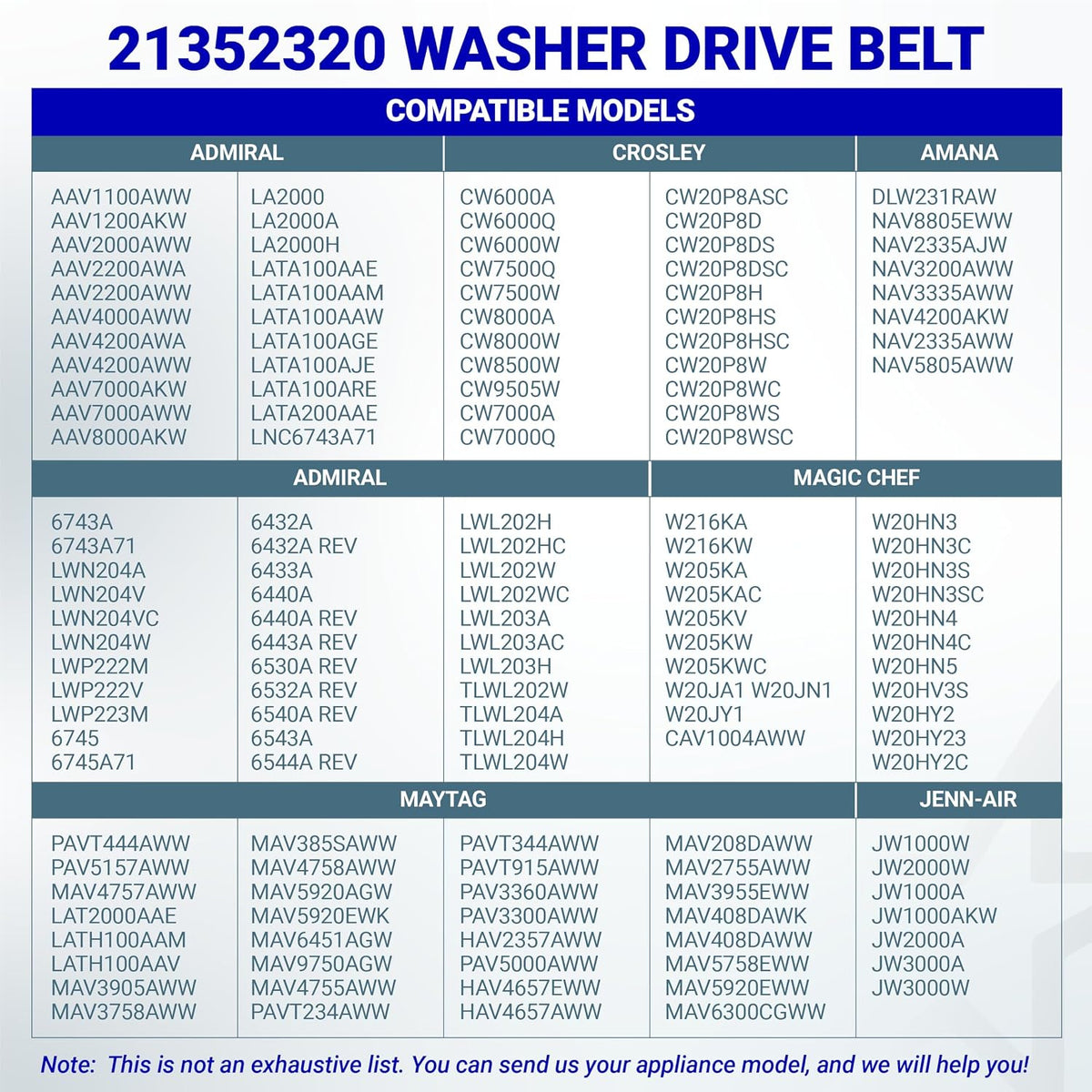 21352320 Washer Drive Belt compatibility chart listing Admiral, Crosley, Amana, Magic Chef, Maytag, and Jenn-Air models
