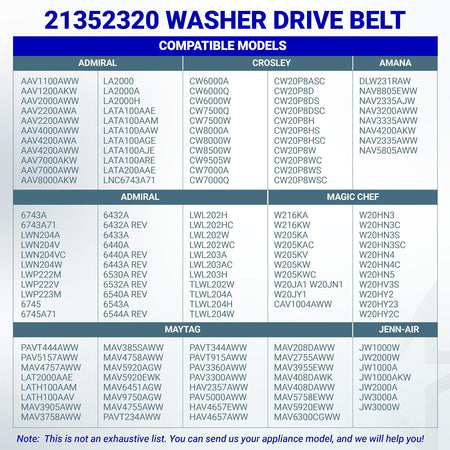 21352320 Washer Drive Belt compatibility chart listing Admiral, Crosley, Amana, Magic Chef, Maytag, and Jenn-Air models