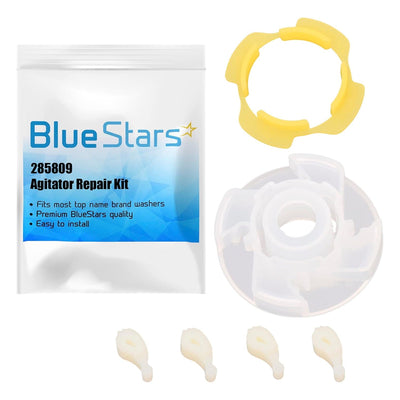 285809 washer agitator repair kit components including cam, agitator base, and four dogs in Blue Stars packaging.