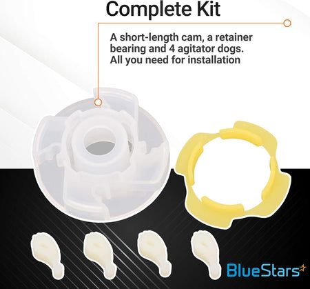 Washer agitator repair kit including short cam, retainer bearing, and four agitator dogs for Whirlpool and Maytag.