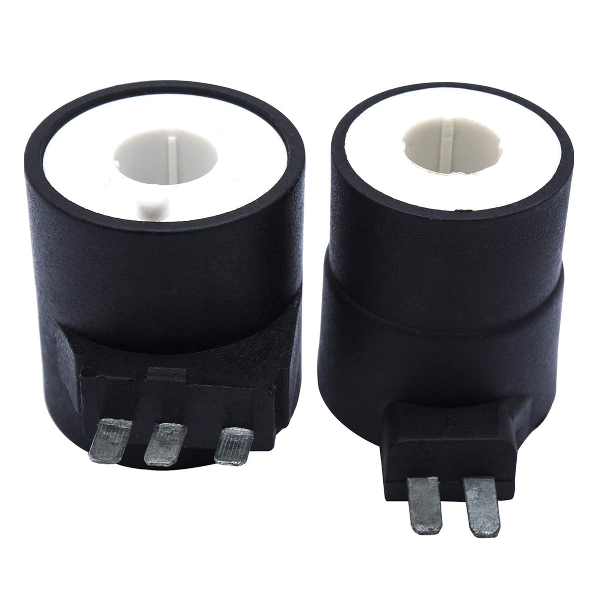 Two dryer gas valve ignition solenoid coils for Whirlpool, Kenmore, and Maytag dryers.