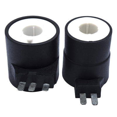 Two dryer gas valve ignition solenoid coils for Whirlpool, Kenmore, and Maytag dryers.