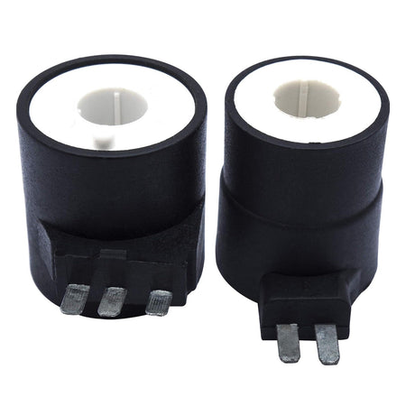 Two dryer gas valve ignition solenoid coils for Whirlpool, Kenmore, and Maytag dryers.