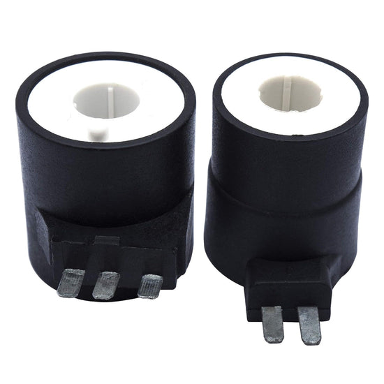Two dryer gas valve ignition solenoid coils for Whirlpool, Kenmore, and Maytag dryers.