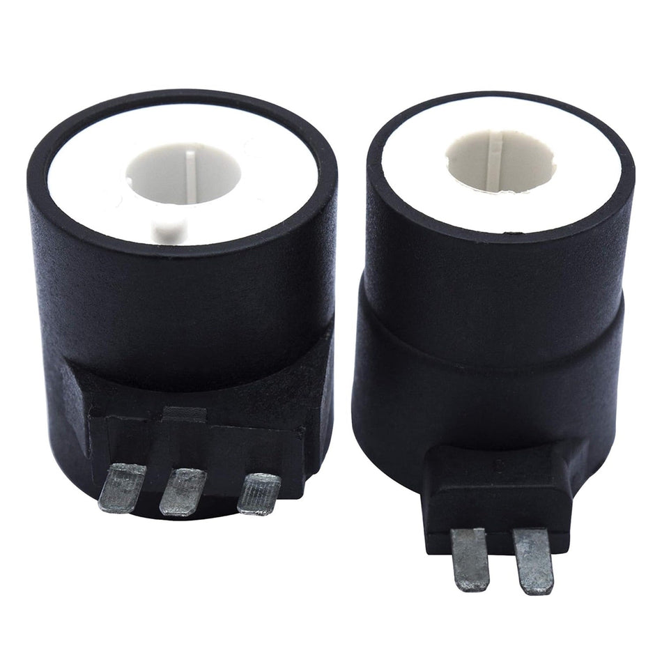 Two dryer gas valve ignition solenoid coils for Whirlpool, Kenmore, and Maytag dryers.