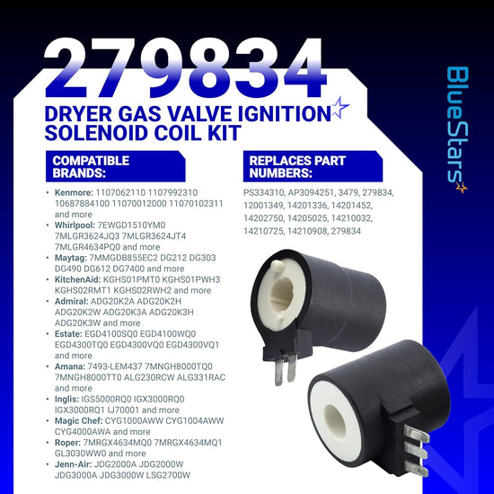 279834 dryer gas valve ignition solenoid coil kit with compatibility and replacement part number information.
