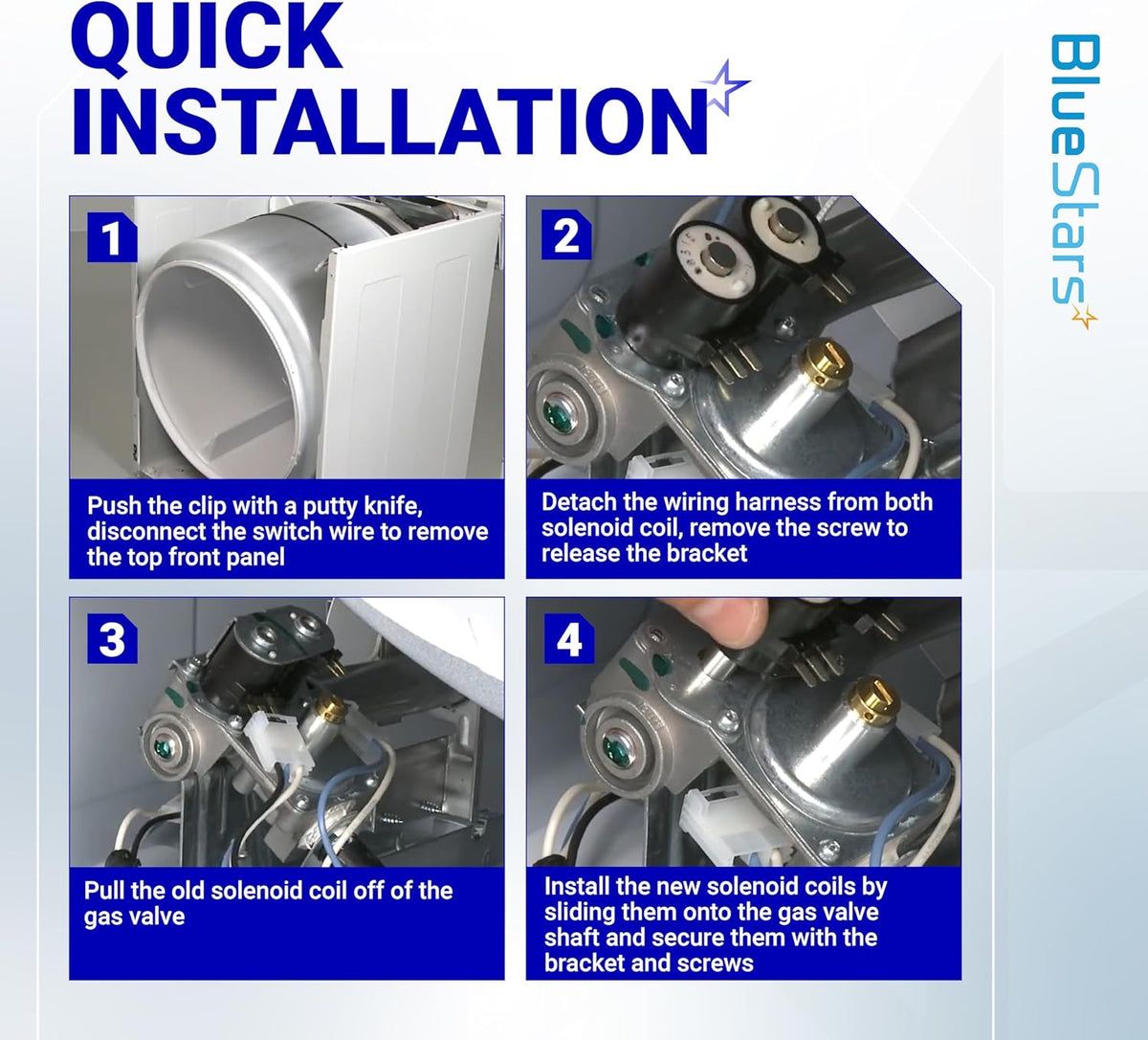 Four-step installation guide for replacing a dryer gas valve ignition solenoid coil kit.