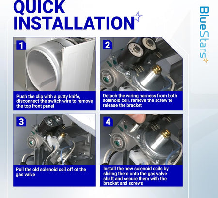 Four-step installation guide for replacing a dryer gas valve ignition solenoid coil kit.