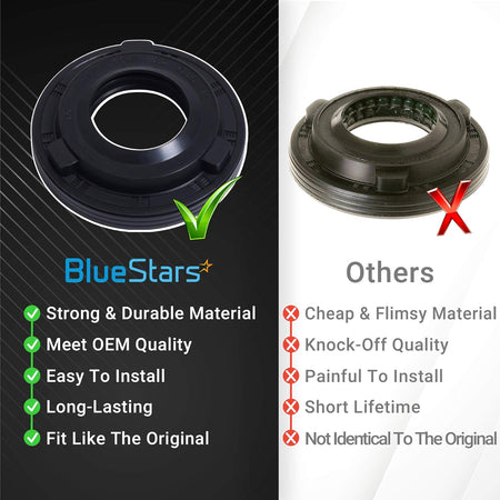 Comparison chart of WH02X10383 washer tub seal showing BlueStars OEM quality versus generic knock-off parts.