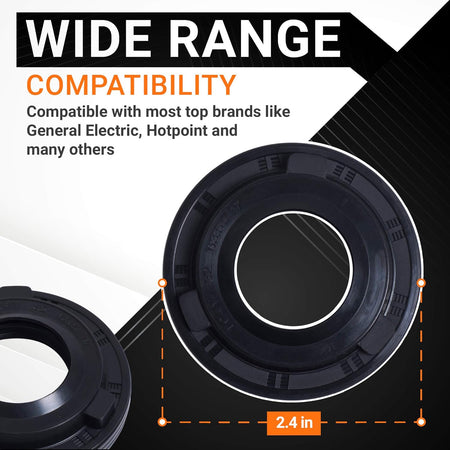 WH02X10383 washer tub seal showing 2.4-inch diameter measurement for GE and Hotpoint washing machines.