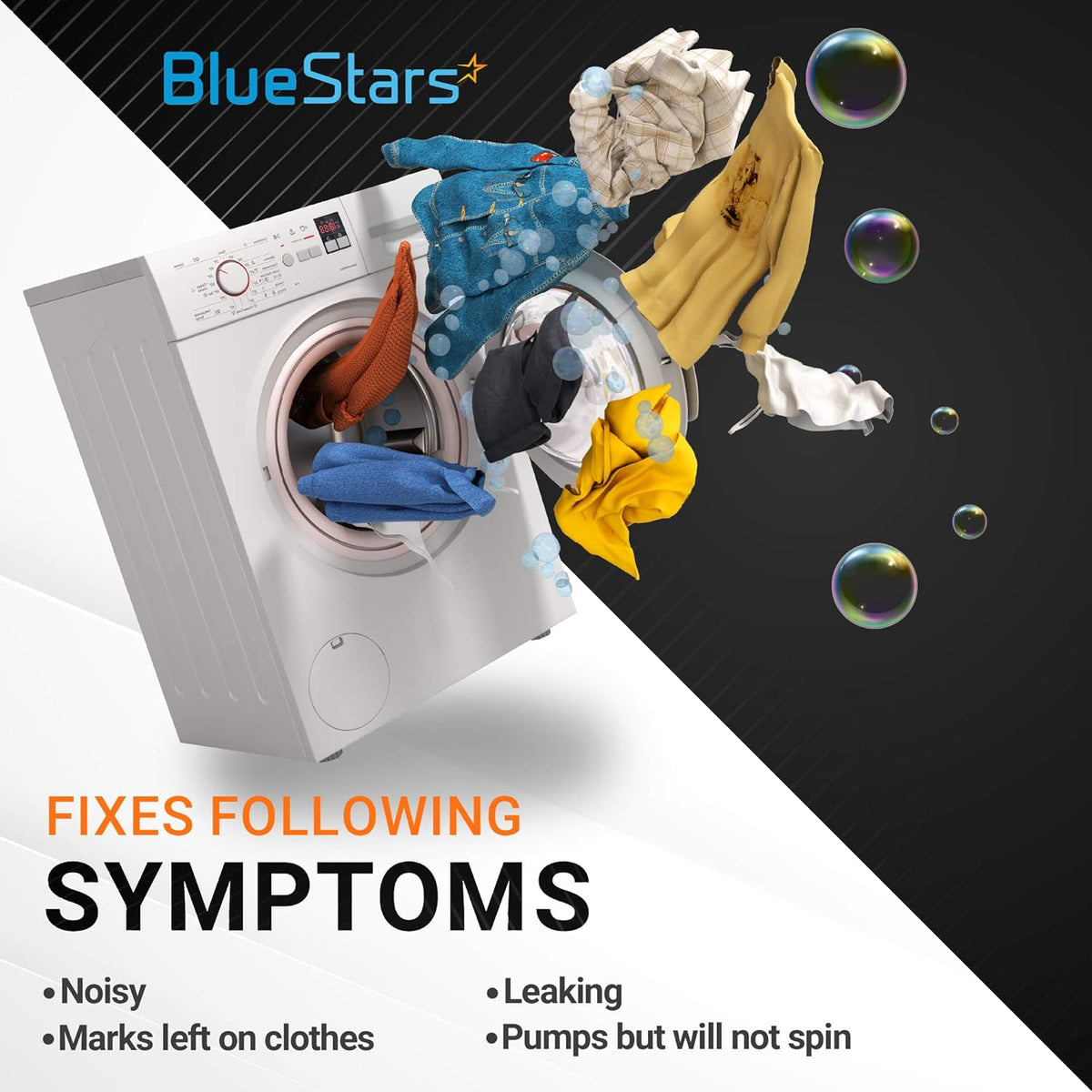 Graphic showing GE and Hotpoint washer symptoms fixed by WH02X10383 tub seal replacement.