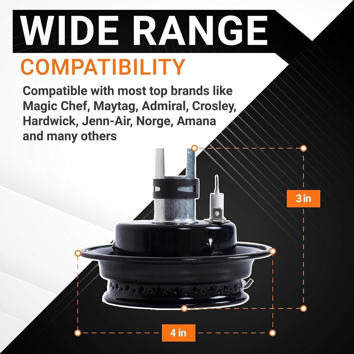 Gas range burner head and igniter assembly with 3-inch by 4-inch dimension diagram for Magic Chef and Maytag ranges.