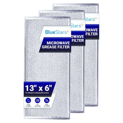 Pack of 3 W10208631A aluminum mesh microwave grease filters for Whirlpool and Maytag microwaves.