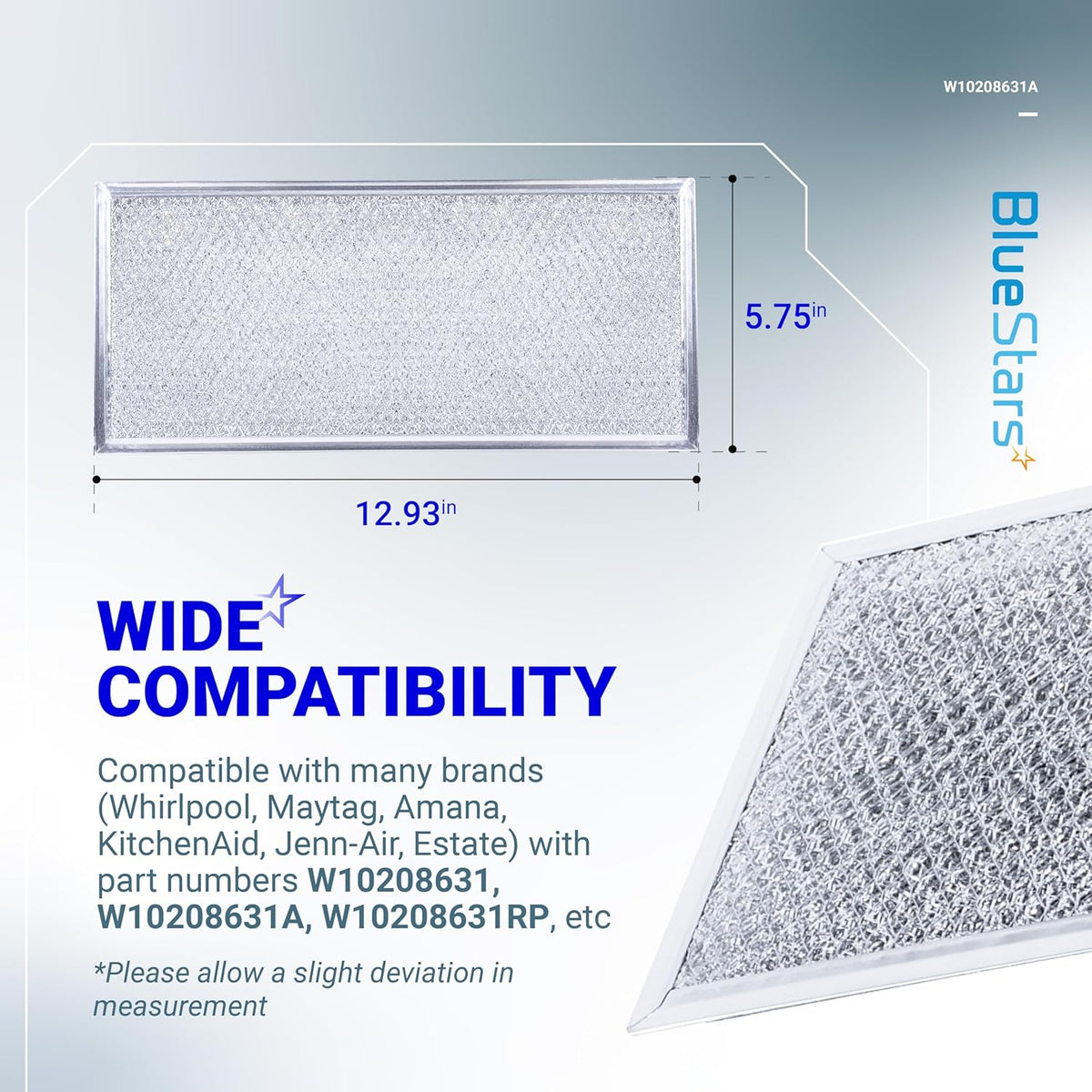 W10208631A microwave grease filter dimension diagram showing 5.75 inch by 12.93 inch aluminum mesh screen.