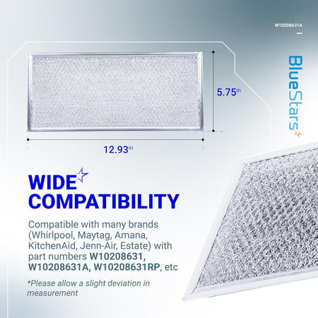 W10208631A microwave grease filter dimension diagram showing 5.75 inch by 12.93 inch aluminum mesh screen.