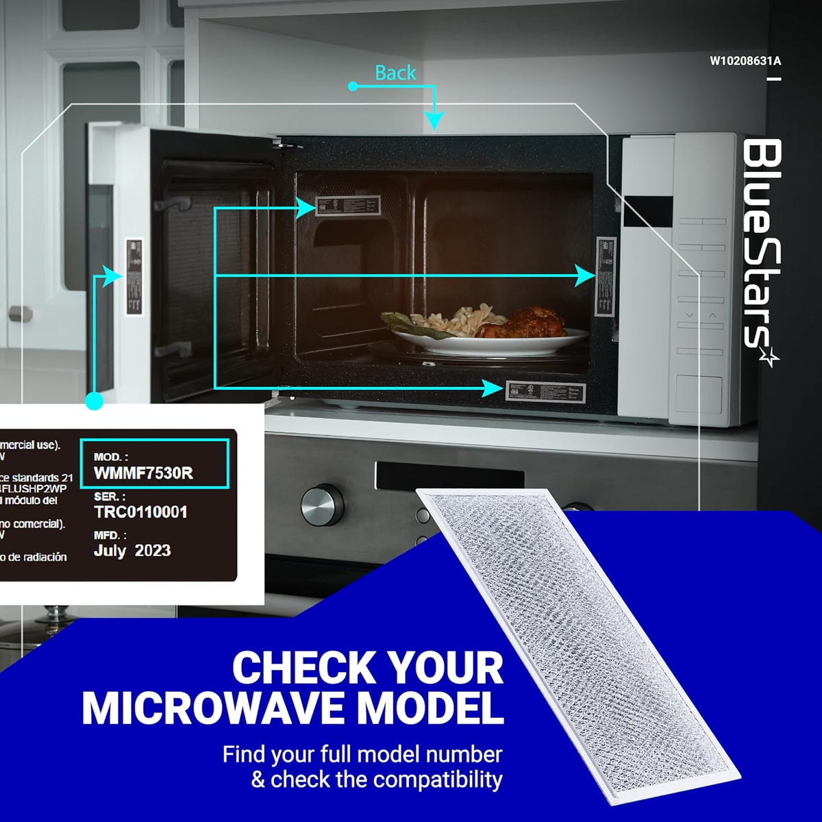 W10208631A aluminum mesh microwave grease filter with compatibility guide showing microwave model number location.