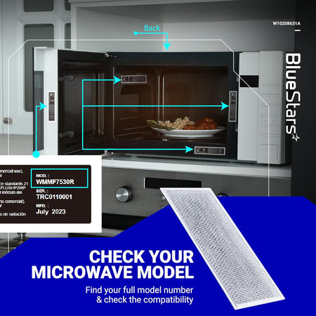 W10208631A aluminum mesh microwave grease filter with compatibility guide showing microwave model number location.