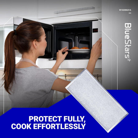 W10208631A aluminum mesh microwave grease filter replacement shown with a woman using a microwave.