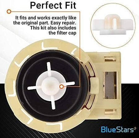 8540024 washer drain pump replacement with included filter cap for Whirlpool, Kenmore, and Maytag washing machines.