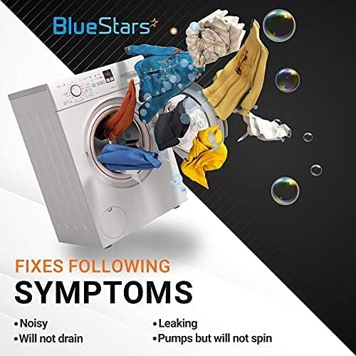 BlueStars 8540024 washer drain pump replacement infographic showing washing machine symptoms and repair solutions.