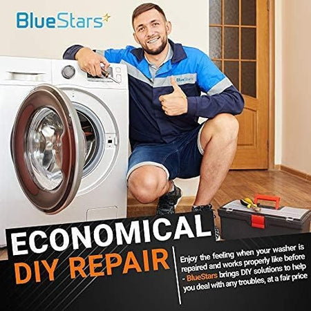 Technician performing a DIY repair on a washing machine with BlueStars drain pump replacement parts.