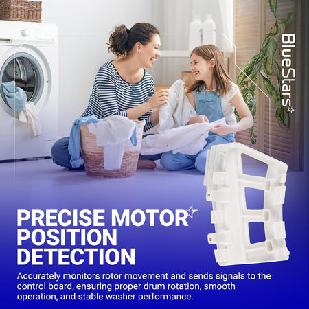 6501KW2002A Washer Rotor Position Sensor Assembly, marketing graphic with white sensor and mother and daughter doing laundry