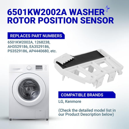 6501KW2002A Washer Rotor Position Sensor Assembly graphic showing the part, a front-loading washer, and replacement numbers