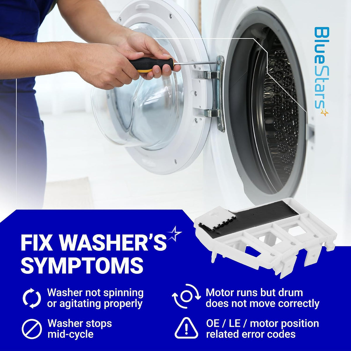 6501KW2002A Washer Rotor Position Sensor Assembly, graphic of technician servicing a front-load washer with symptom callouts