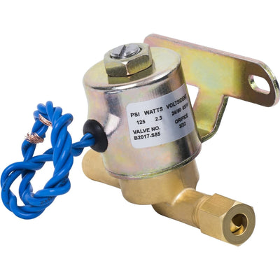 B2017-S85 24V humidifier solenoid valve with mounting bracket and blue wire leads.