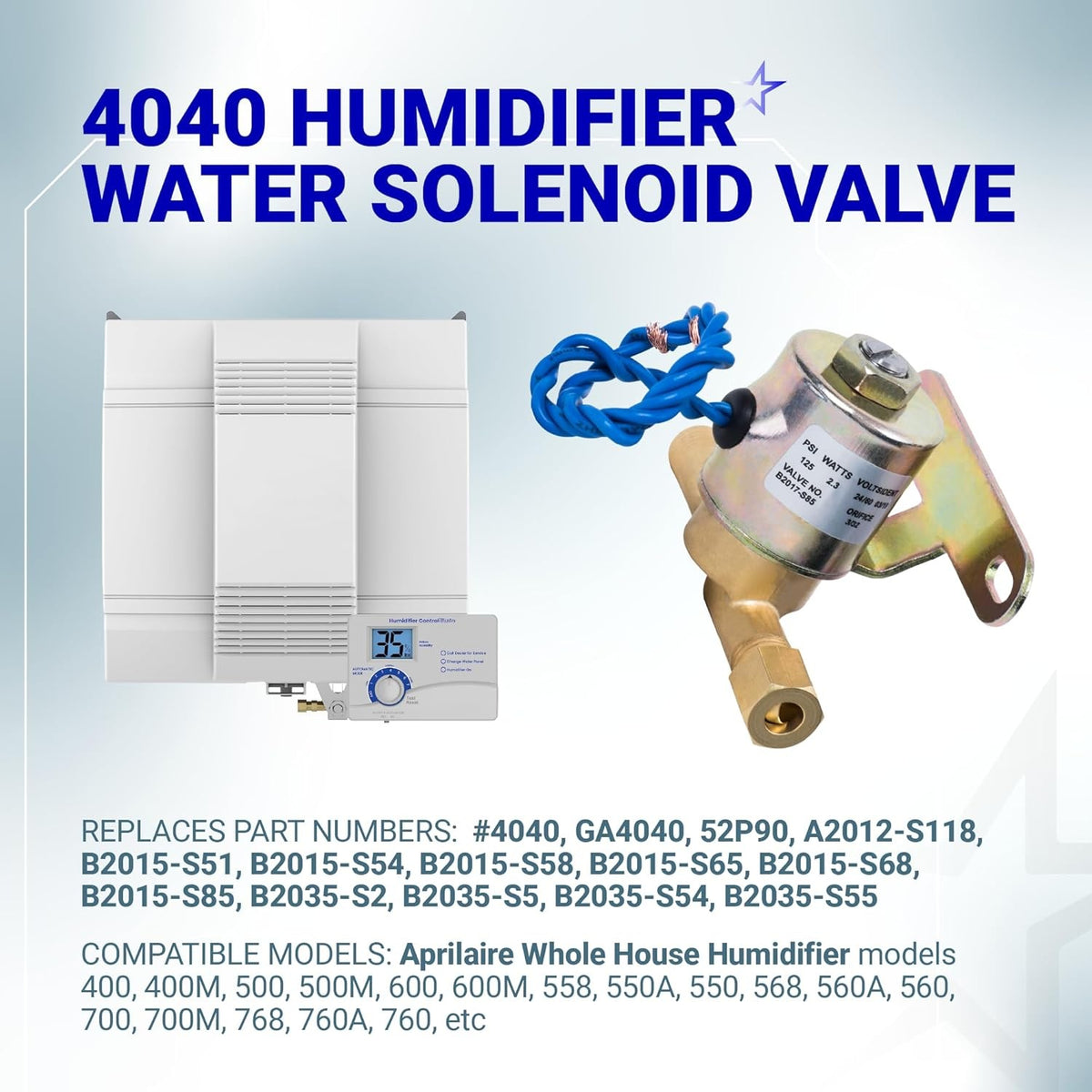 4040 24V humidifier water solenoid valve with control unit and compatibility list.