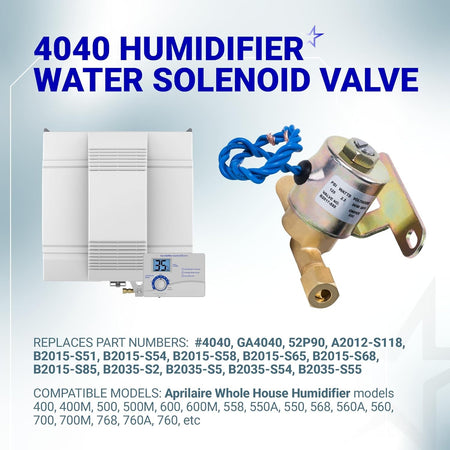 4040 24V humidifier water solenoid valve with control unit and compatibility list.