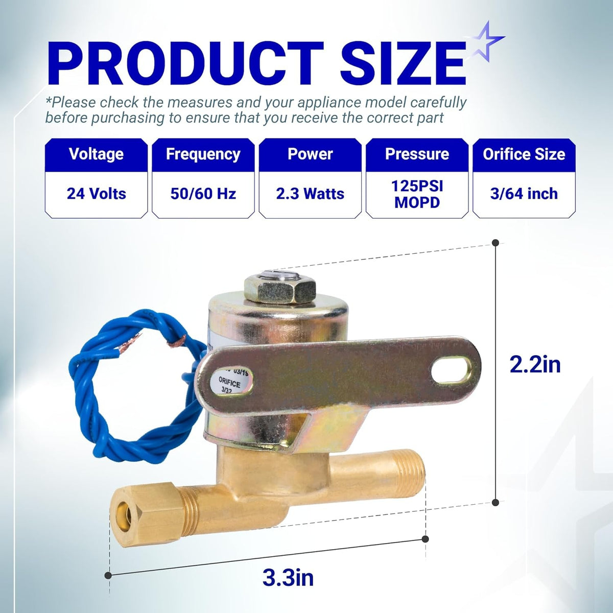 Dimensional diagram of 24V humidifier solenoid valve showing 3.3-inch width and 2.2-inch height specifications.