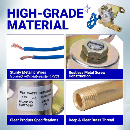 Detailed view of 24V humidifier solenoid valve components including wiring, screw, label, and brass thread.